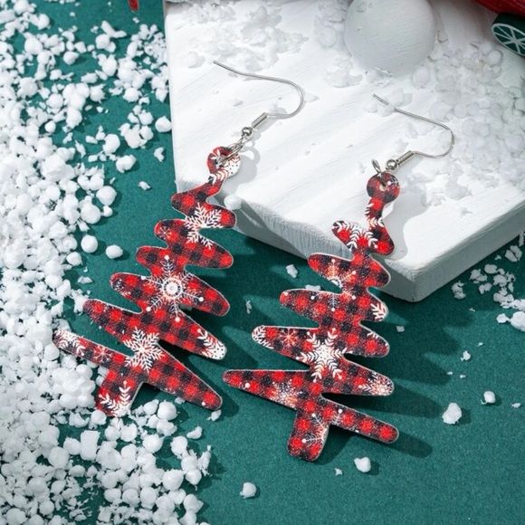 🌲 Awesome Large Plaid Checkered Buffalo Gingham Snowflake Tree Drop Earrings - Picture 3 of 3